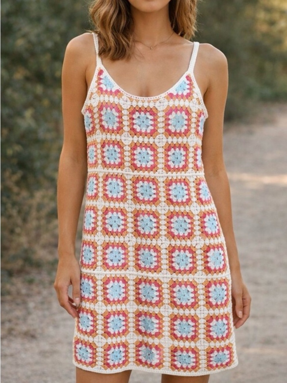 Crochet Square-Pattern Slip Dress in White, Coral & Light Blue